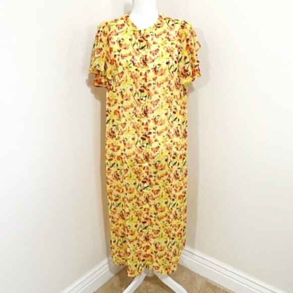 Vince Camuto Yellow Floral Sheer Midi Dress Button Front Side Slits - Picture 1 of 7